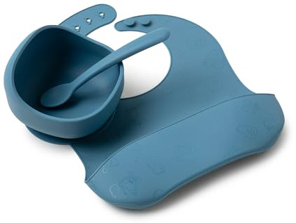 Muchmellow - Set Pappa Silicone MADE IN ITALY 3 pezzi, Ciotola con Ventosa Anticaduta, Cucchiaio, Bavaglino Regolabile, Svezzamento, Plastic Free, BPA Free, Lavabile Lavastoviglie (Blu)