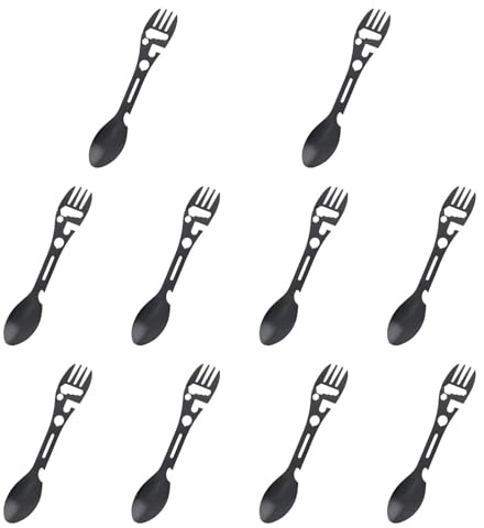 Gralara 10 Pièces Spork Camping Fourchette Cuillère Couteau Ouvre-Bouteille Multifonction Acier Inoxydable Pratique Portable pour Pique-Nique Randonnée Barbe, Noir