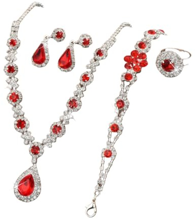 Momeski Schmuck Set Damen,Kristall Edelstein Damen Wassertropfen Halskette Ohrnagel Armband Ring für Hochzeit,Muttertag,Geburtstag,Valentinstag (Rot)