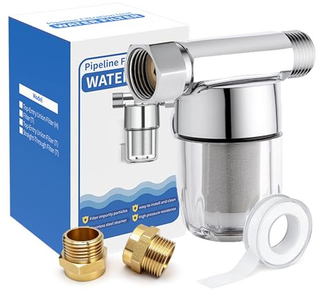 Geokin:Washing Machine Water Filter, 40 Micron Reusable Brass Inline Sediment Filter, Anti-Scale Hose Pre-Filter for Water Heater, RV, and Toilet Bidet (T Port)