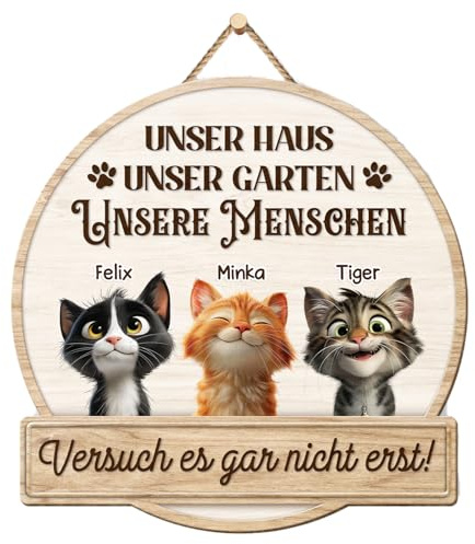 Geschenke Mall Holzschild Personalisiert - Unser Haus - Schild selbst gestalten, haustürschilder mit namen, blechschild katze, holz namensschild, holzschild katzen (2 Katzen)