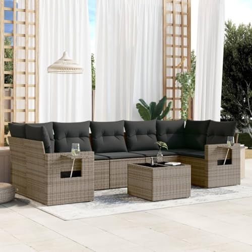 Teenpull 8-TLG. Trädgårdssocka, grå poly rotting, med kudde, utomhusmöbler set för terrass, balkong, veranda, modern loungesoffa för trädgård och gård