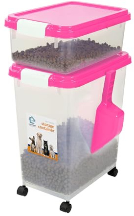 Livhome 3-Piece 50L Airtight Pet Food Storage Container Combo with Scoop and Treat Box for Dog Cat and Bird Food, Keep Pests Out, Translucent Body, Easy Mobility (Pink)