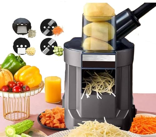 MQDLJSE Picadora de Verduras Profesional 4 en 1: Corta en Cubos, tritura y rebana. 4 Cuchillas de Acero Inoxidable, Doble Puerto de Descarga, Potente Motor, Gran Capacidad. Tritura automá