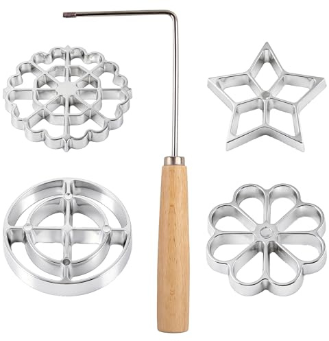 5 Pcs Rosettes Timbale Set, Includes 4 Pcs Bunuelos Mold & 1 Pcs Handle, Rosette Iron Set with Handle, Lotus Flower Bunuelos Cookie Mold, Funnel Cake Maker Kit for Kitchen Baking Cooking Housewares