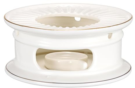 BSTKEY Ceramic Teapot Warmer with Tealight Holder, Gold Rim White Tea Coffee Milk Heating Warmer Decorative Teapot Heater Tealight Burner for Teapot