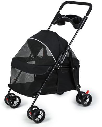 Hundebuggy bis 10 kg klappbar, Leichtgewicht Hundewagen mit Rollen und Getränkehaltern, Katzenwagen, Hunde Buggy für mittelkleine Haustiere (Schwarz-1)