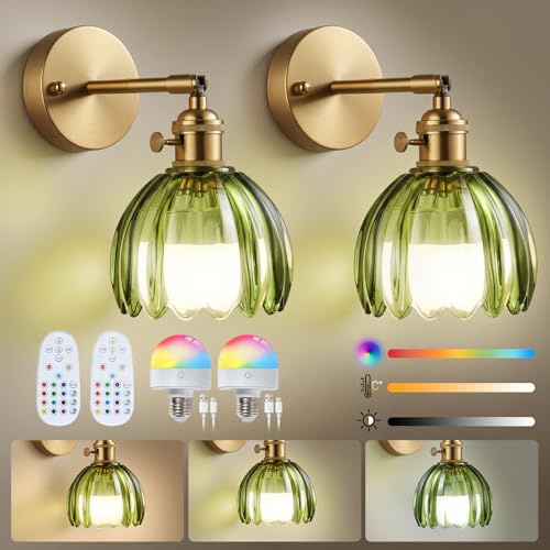Warmiehomy Battery Operated Wall Lights Set of 2, Rechargeable Wireless Wall Sconces with Remote & Bulb, 12 RGB Colors & 3 Color Temperature, Dimmable Cordless Wall Lamp for Indoor, Green Tulip