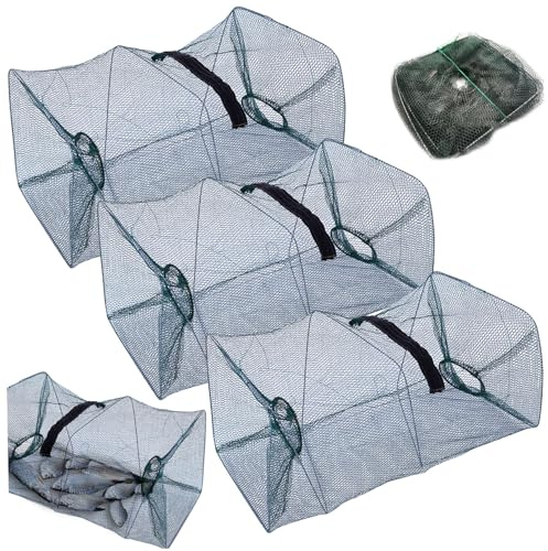 Lawnrden kräftfälla, 3 st fiskfällor 20 x 21 x 21 i nylon, hopfällbar bärbar spigg fälla med 2 ingångshål och blixtlåsöppning utomhus fiskenät för kräftor krabba hummer räkor
