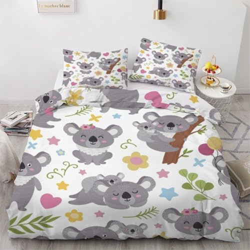 SJSXWQN Funda Nordica Cama 90 Koala Gris Edredón Cama 90 para Niñas Niños con Cremallera Suave Transpirable Microfibra Fundas Nordicas 150x220 cm + 2 Fundas de Almohada 50x80 cm