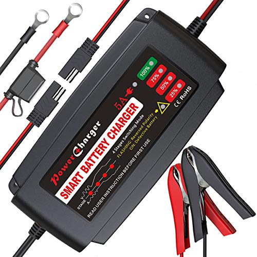BMK Chargeur de batterie intelligent portable 12 V 5 A avec anneaux crocodiles détachables pour voiture, bateau, tondeuse à gazon, batterie au plomb scellée scellée