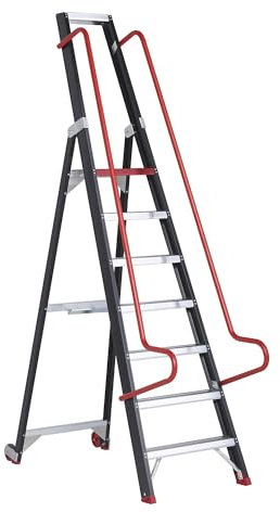Certeo | Escabeau Mobile pour rayonnages | avec Mains courantes de sécurité | 7 marches | Marche Sup comprise