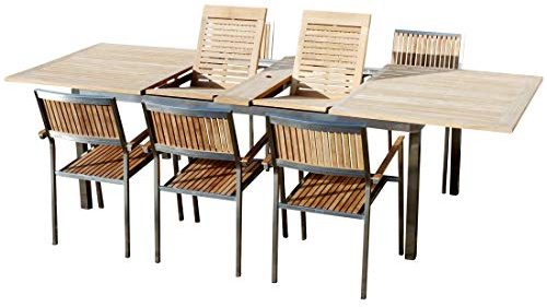 ASS ALEOS. Gartengarnitur Edelstahl Teak Set Ausziehtisch 200-240-280x100 cm + 6 Teak Sessel A-Grade Teak Holz Serie Kuba Gastroqualität