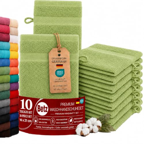 Betz Waschhandschuhe Premium 10 Stück 16x21 cm – 100% Baumwolle 470g/m² – Weiche Frottee Waschlappen – Pflegeleicht & saugstark - Farbe avocadogrün