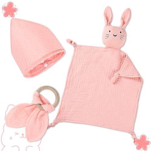 Regalo per bambini e bambine, set regalo per neonati, 3 pezzi, regalo per la nascita con panno per affusolato, coniglietto e massaggiagengive in legno e bavaglino per neonati (rosa)