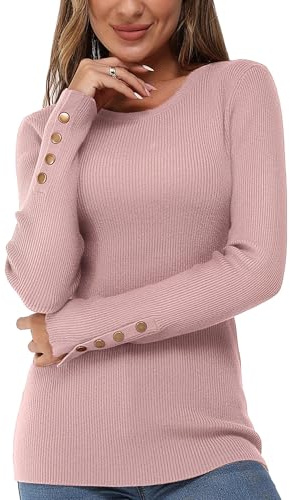 Newshows Pull-Over Solide à Manches Longues pour Femmes, col Ras du Cou en Tricot Boutons Stretch Décontracté Pull-Over Tops(Rose foncé,M)