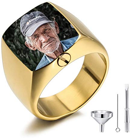 MeMeDIY Personalisierte Urne Ring Siegelring für Frauen Männer Haustier Gravur Farbe Bild Gedenktaschenhalter aus Edelstahl Souvenir mit Trichterbausatz Ringgrößeneinsteller (Gold Größe 57)