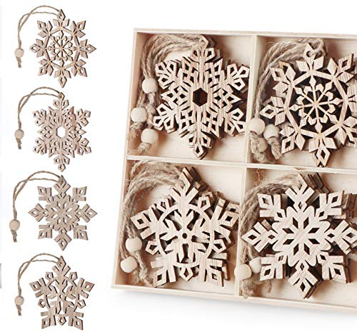 Agoer 16 Stück Weihnachtsbaumschmuck Holz- 7,5 cm Christbaumschmuck Holz Schneeflocken, 4 Designs Holzanhänger Weihnachtsbaum mit Jute Kordel Weihnachtsbaum Deko Ornamente für DIY Basteln holzanhänger