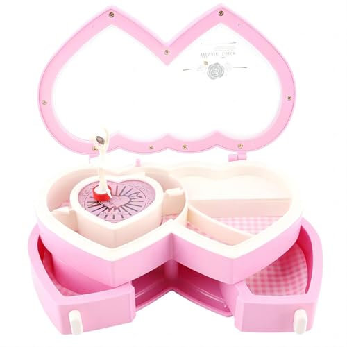 VIFERR Doppelte Herz Spieluhr Schmuckkästchen Musikbox Ballerina Schmuckschatulle für Kleine Mädchen, Geschenk (Rosa)