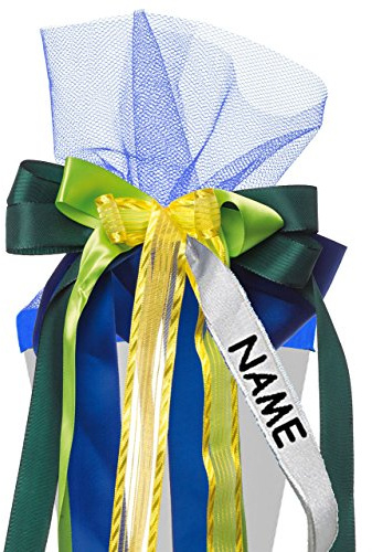 alles-meine.de GmbH große 3-D Schleife für Schultüten - blau - grün & gelb - incl. Name/Text - 24 cm breit u. 47 cm lang - mit edlen Satin Bändern, Tüll & Bastband - für Ge..