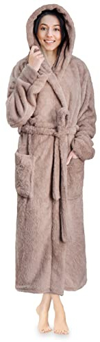 PAVILIA Bata de felpa suave con capucha para mujer | Bata de baño mullida y cálida de forro polar Sherpa, gris topo, S-M
