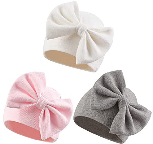 XIAOHAWANG Babymütze Beanie für Neugeborene 0-6 Monate Baumwolle Mit Schleife Für Mädchen und Jungen (Weiß+Rosa+Grau, 0-6 Monate)