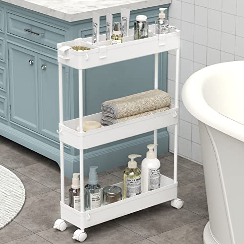 SAKA Slim Storage Cart,3 Tier Bathroom Rolling Utility Cart Storage Organizer Slide Out Cart, Mobile Shelving Unit Organizer Trolley for Office Bathroom Kitchen Laundry Room Narrow Places, White