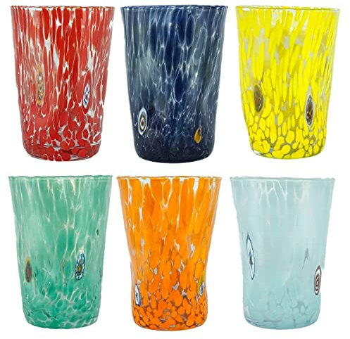 Lot de 6 verres à boire en verre de Murano fabriqués à la main Bleu/rouge/jaune/orange