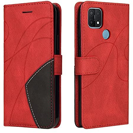 Fatcatparadise Kompatibel mit Oppo A15 / A15S Hülle, Leder PU Brieftasche Handyhülle Flip Case Silikon Bumper Schutzhülle Klapphülle. Lederhülle mit Kartenfächern und Standfunktion (Rot)