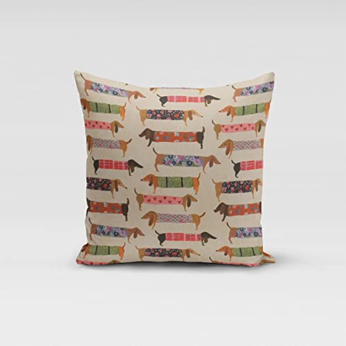 SCHÖNER LEBEN. Kissenhülle Baumwollstoff Dachshund Dackel beige bunt, Größe:50x50cm (HxB)