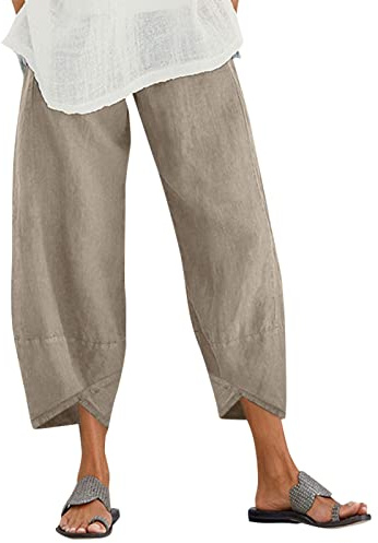 ZANZEA Womens Casual Trousers Cotton Linen Cropped Pants Loose Fit Straight Elasticated Waist Chino Bottoms with Pocket Beige