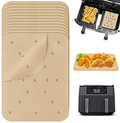 Nepfaivy 100Pcs Air Fryer Liners 8.26x5.5in for Ninja Air Fryer Dual 9.5L | Non-stick Airfryer Liners Disposable Compatible with AF300UK AF400UK, Unbleached Rectangle Perforated Parchment Paper Liners