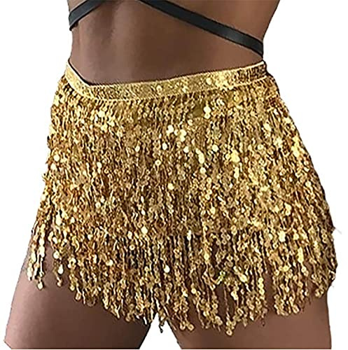 Wedity Belly Dance Skirt Hip Belt Sequin Tassel Skirt Hip Wrap Scarf Rave Music Festival Costume for Women(Gold)