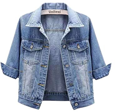 Unilexi Women's 3/4 Sleeve Colored Cropped Denim Jacket Light Wash Short Jean Jacket Trucker Coat(0096-LightBlue-L)