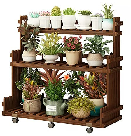 Soporte de planta de escalera de esquina, estante de exhibición de flores de planta de 3 niveles para esquina interior al aire libre, soporte de almacenamiento de estante de maceta multiusos con rueda