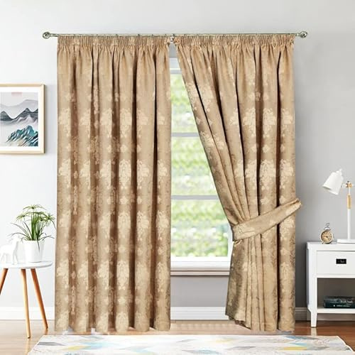 Best Linen Curtains for Living Room Readymade Fully Lined Pencil Pleat Jacquard Virginia Curtains Modern Pair Panels for Bedroom with Tiebacks (Gold, W 90 x L 108)