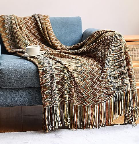 Boho Strickdecke mit Quaste Gestrickte Decke weich Sofadecke Boho Decke Tagesdecke Wohndecke Bed Wendedecke Kuscheldeck Couchdecke überwurf Decke Reise 130x220cm