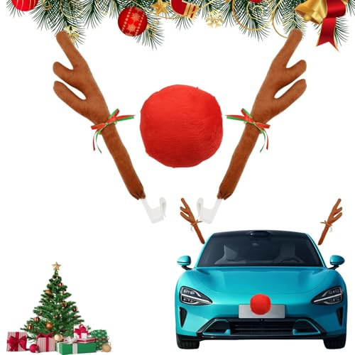agctrler Rentier Geweih Auto Weihnachten, Rentiergeweih Auto mit 2 Geweih und 1 Rote Nase, Rentier Kostüm für Auto Truck Van SUV, LKW