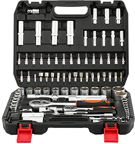 SePkus 94-teiliger 1/4- und 1/2-Zoll-Steckschlüsselsatz, Steckschlüsselsatz mit Ratschen, Adaptern, Mechaniker-Werkzeugsatz, Bit-Steckschlüsselsätze für Kfz-Reparatur und Haushalt, metrisch