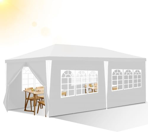 Izrielar paviljong, vattentät trädgårdspaviljong, med 6 sidodelar och fönster, partytält trädgård, för fest, marknadsstativ, festival, loppmarknad och camping, 3 x 6 m, vit