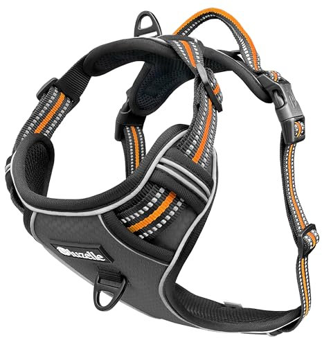 bluzelle Hundegeschirr für große Hunde, Reflektierendes Brustgeschirr mit Griff & Tasche für GPS Tracker, Anti-Zug Hundeweste Hund-Warnweste, Atmungsaktiv Reflektor-Gurte, XL, Grau