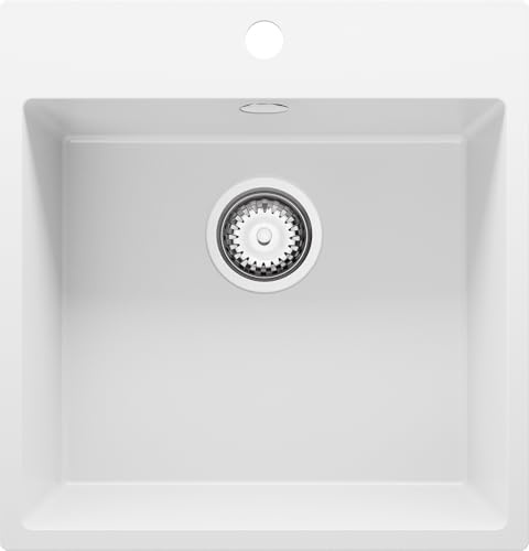 PRIMAGRAN Fregadero Cocina al Mueble 50cm + Kit de desagüe, 48x50cm | Set: Kit de desagüe (sifón, válvula, rebosadero) + Riga 1 Seno Granito, Blanco