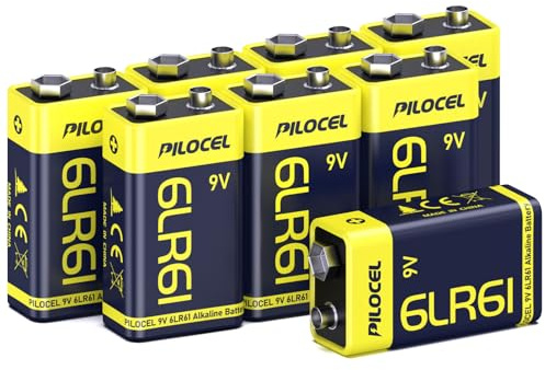 PILOCEL 9V Batteries 8 Pack on Clearance, Alkaline 9 Volt Battery, Long-Lasting Square 9V Batteries, 10-Year Shelf Life 6LR61 for Smoke Detector, Electric Guitar, Monitor, Radio