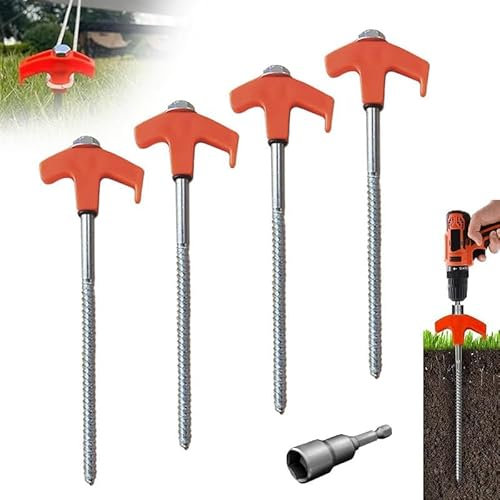 Zeltheringe zum Einschrauben, 20,3 cm, Bodenanker, zum Einschrauben, robust, mit 1 Sechskantkopf-Treiber, Metall-Gewinde, Zeltheringe, Campingpfähle für Outdoor, Camping, Garten, aufblasbar (4 Stück)