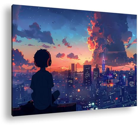 Leinwandbild Junger Träumer genießt die Dämmerung über einer futuristischen Stadt. Format: 120x80 cm XXL Kunstdruck Bild auf Keilrahmen/Wandbild/Wohnzimmer Deko