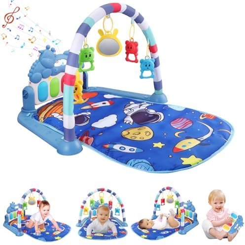 QCXWCJWD Baby Play Mat, Baby Piano Gym with Music and Lights, Baby Play Mats for Floor with Detachable Activity Toys, Early Development Activity Play Mat Toy Gift for Babies Newborn Toddler (Space)