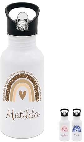 wunderwunsch® - Personalisierte Trinkflasche Kinder Edelstahl [ 500ml ] - Robuste Trinkflasche mit Namen - Wasserflasche mit Trinkhalm - Personalisierte Geschenke für Kinder (Regenbogen beige)