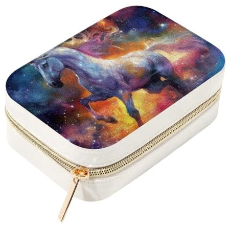 Eslifey Kleine Schmuckschatulle mit Einhorn in buntem Galaxie, doppellagig, Reise-Schmuck-Organizer für Frauen und Mädchen