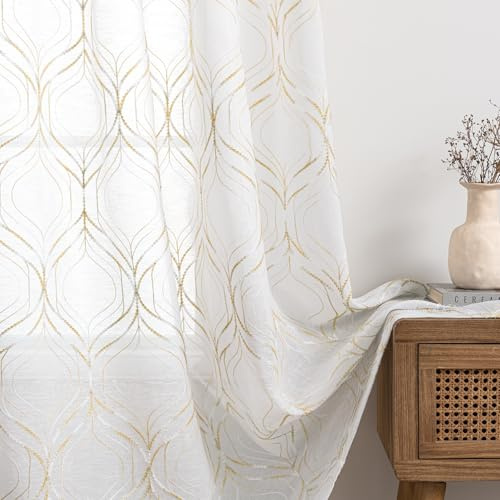 MIULEE Voile Vorhang Transparent Gardinen mit Ösen 2er Set H 140 x B 225 cm, Gelb Weiss Rauten Muster Bestickt Gardine, Wohnzimmer Gardinenschals Dekoschal Lichtdurchlässig Vorhänge für Schlafzimmer
