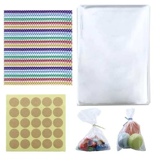 200 sacchetti di cellophane trasparenti da 10 x 15 cm, piccoli sacchetti di plastica per caramelle, con 200 rilegatura a torsione, con 8 adesivi di chiusura in carta kraft
